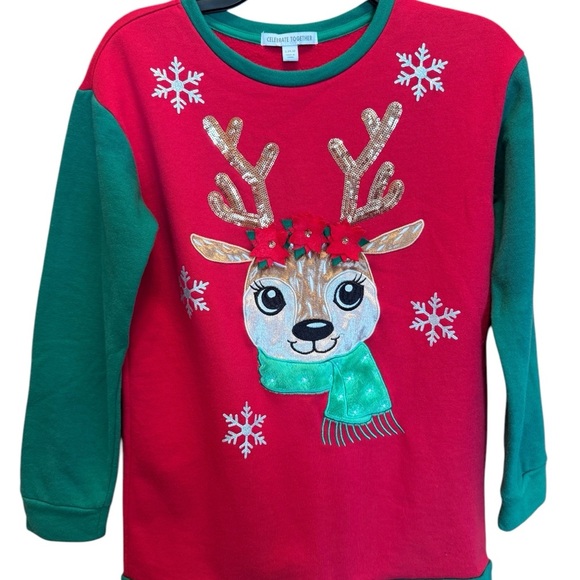 Holiday Festive Red and Green Reindeer Ugly Sweatshirt - Picture 1 of 14
